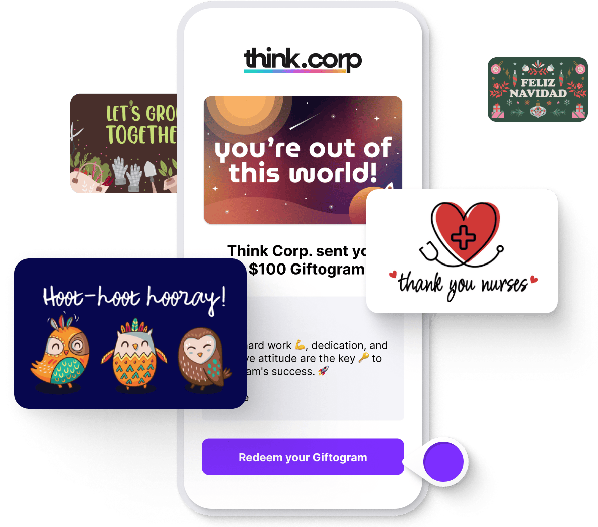 A smartphone shows a Giftogram email with a galaxy design. Other custom cards, for gardening, owls, holidays, and nurses, surround it.