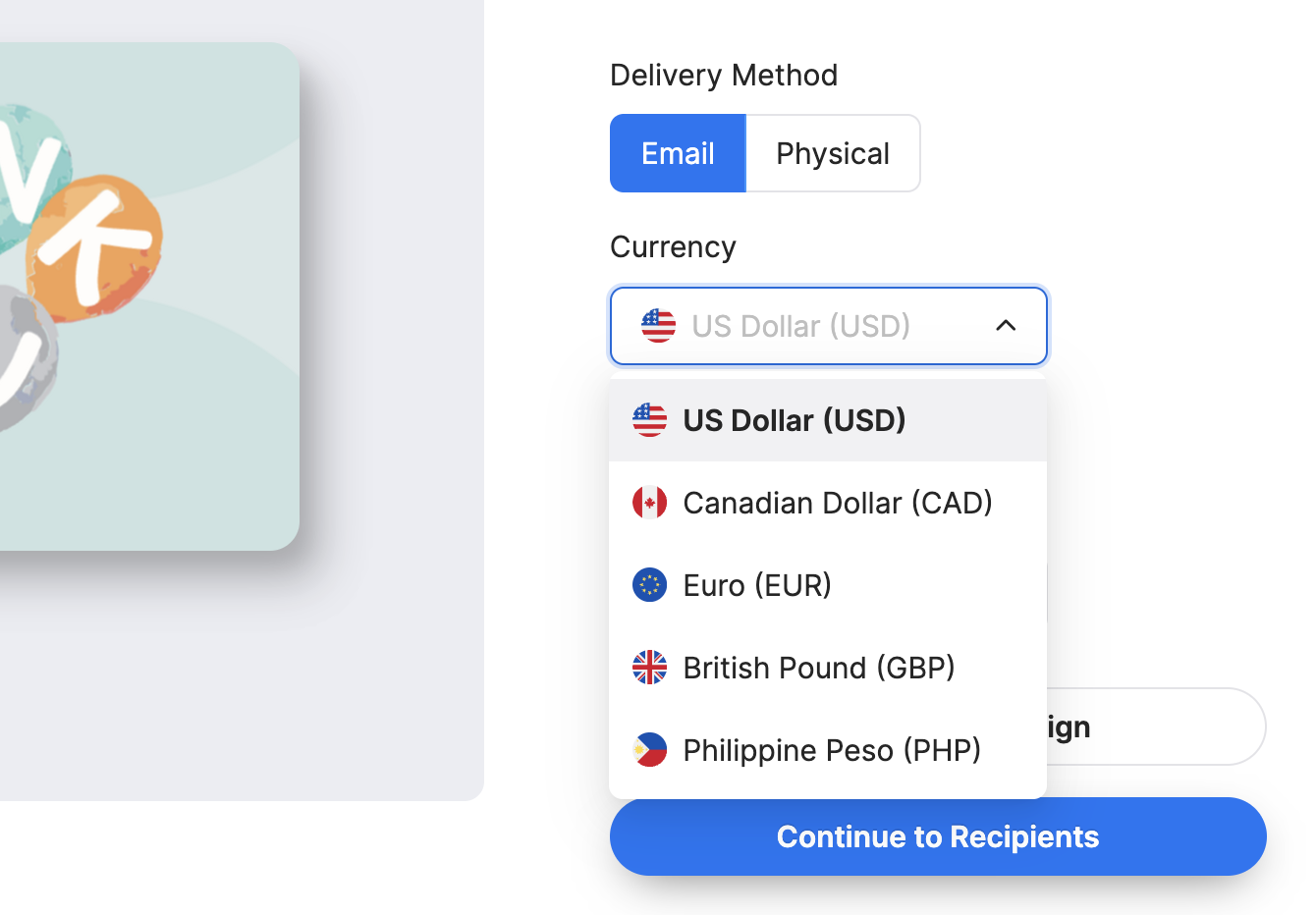 Giftogram gift card setup: Email delivery and currency selection, with dropdown showing US Dollar, CAD, Euro, GBP, and PHP options.